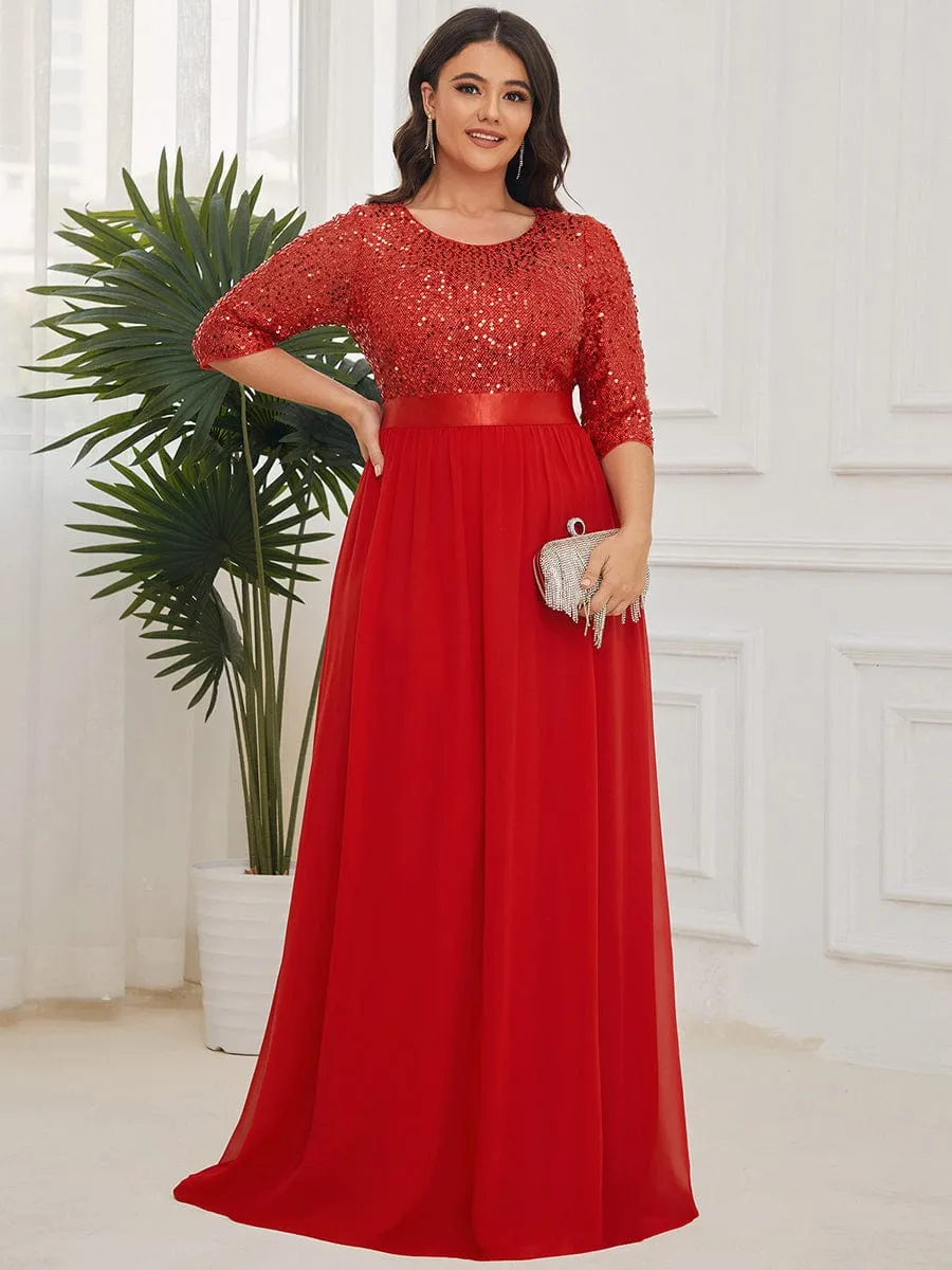 Elegant Round Neckline 3/4 Sleeve Sequins Patchwork Evening Dress