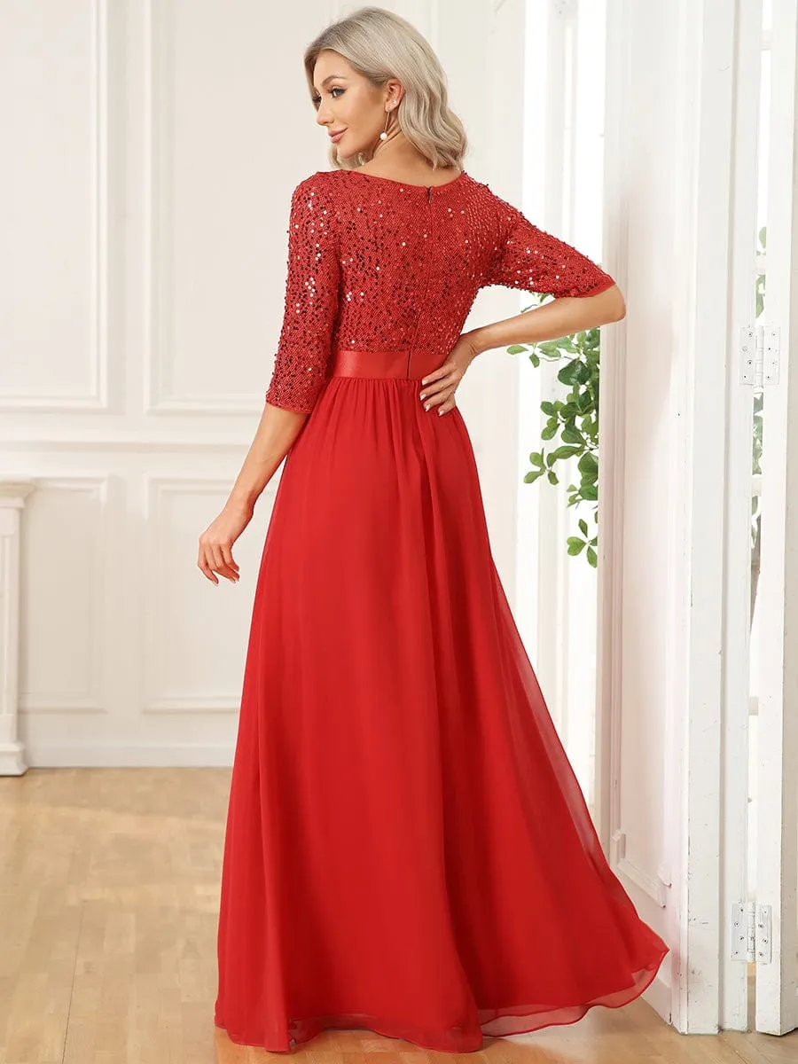 Elegant Round Neckline 3/4 Sleeve Sequins Patchwork Evening Dress