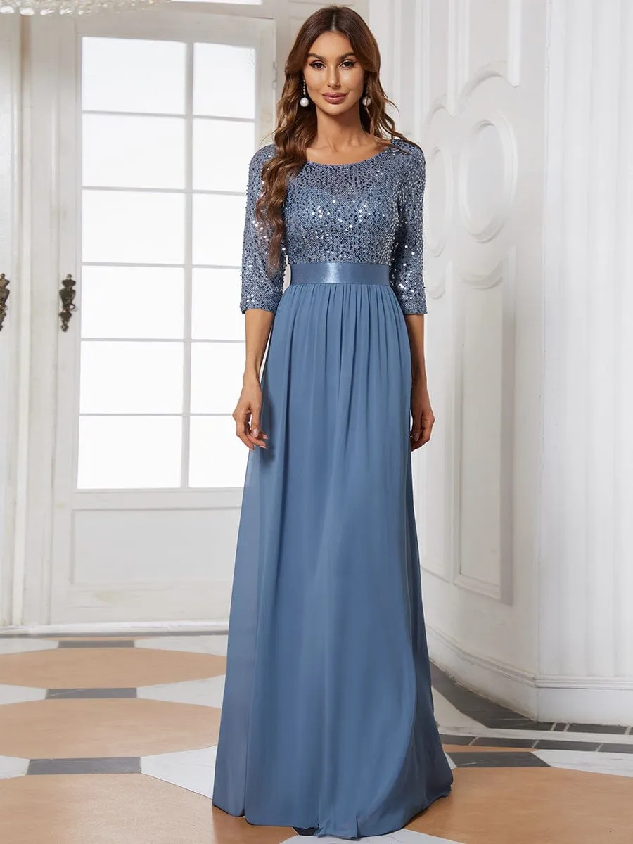 Elegant Round Neckline 3/4 Sleeve Sequins Patchwork Evening Dress