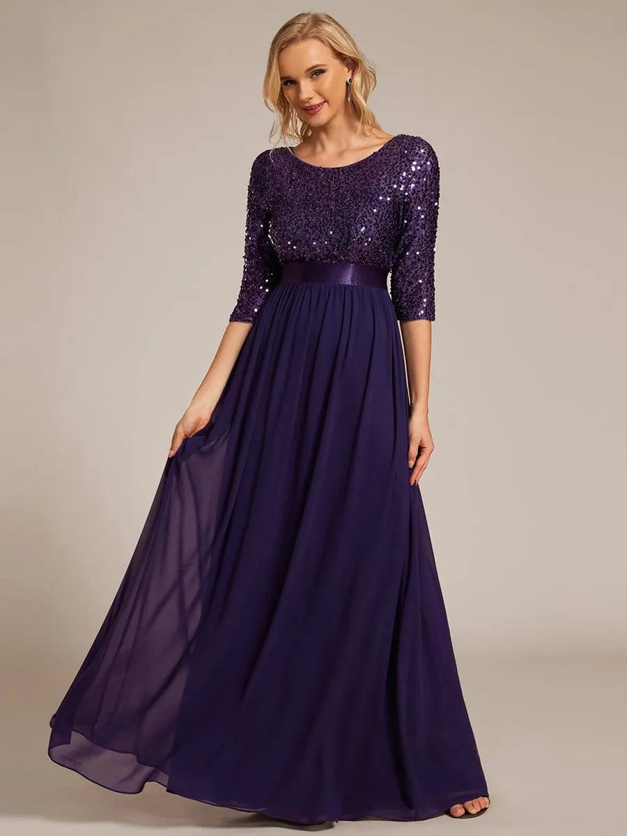 Elegant Round Neckline 3/4 Sleeve Sequins Patchwork Evening Dress