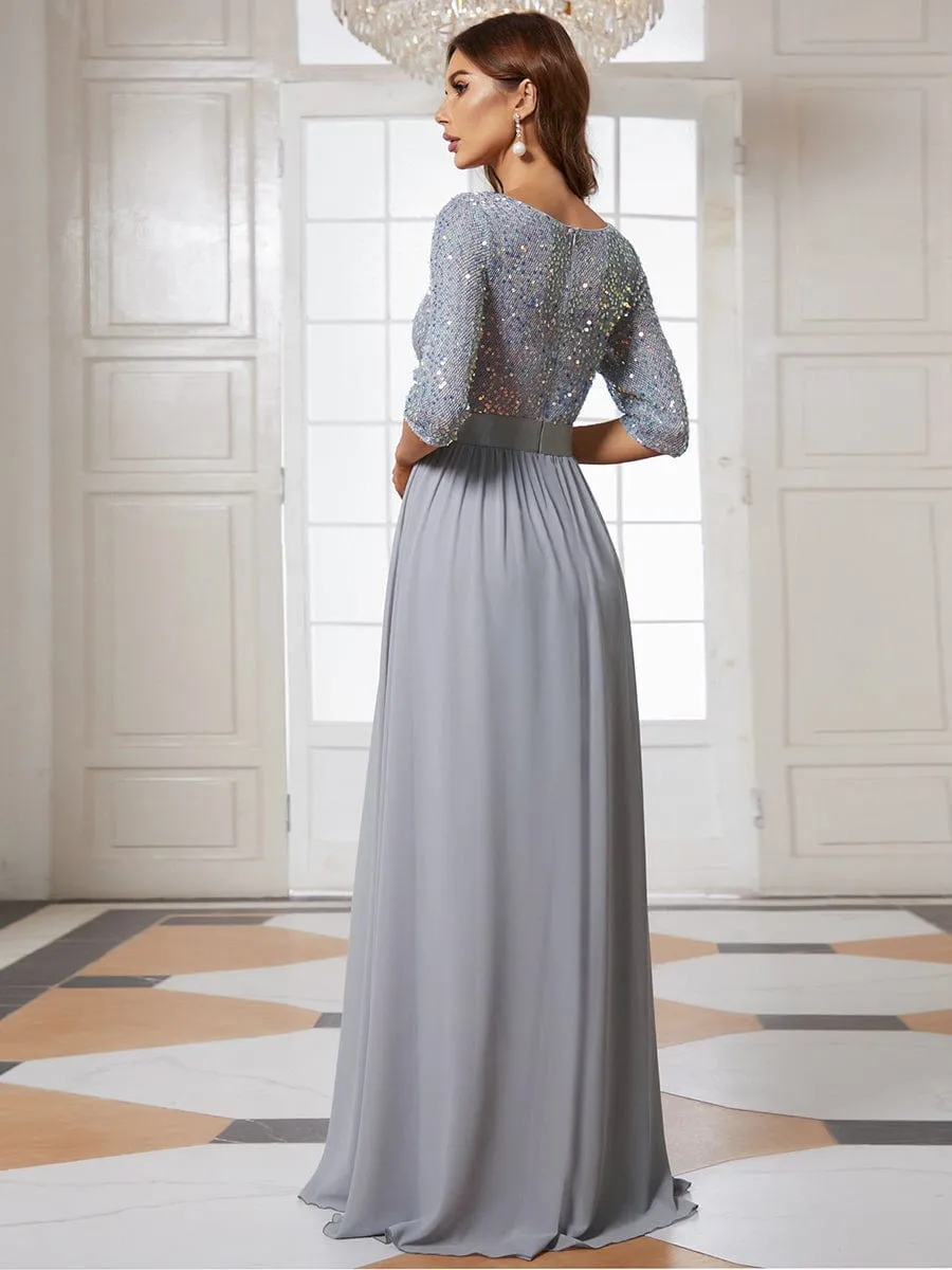 Elegant Round Neckline 3/4 Sleeve Sequins Patchwork Evening Dress