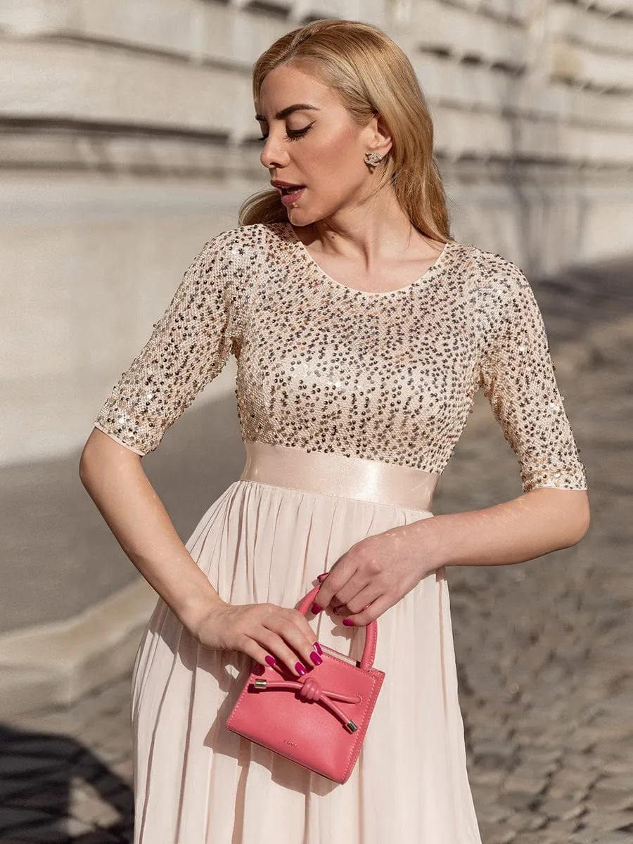 Elegant Round Neckline 3/4 Sleeve Sequins Patchwork Evening Dress