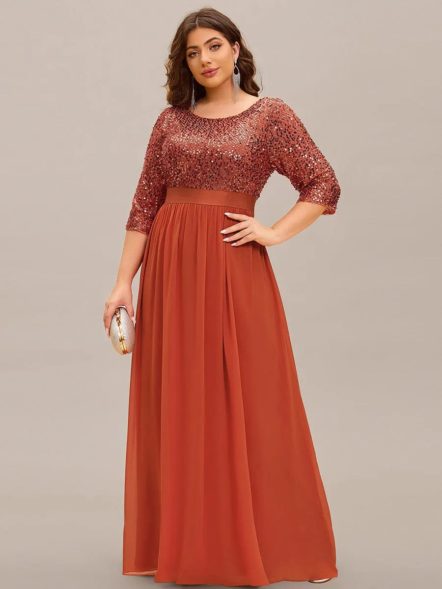 Elegant Round Neckline 3/4 Sleeve Sequins Patchwork Evening Dress