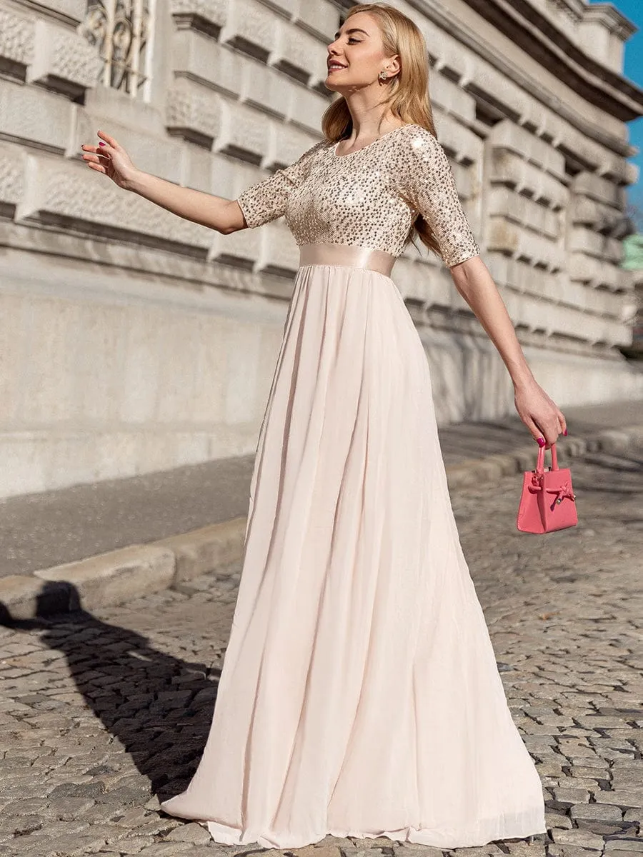 Elegant Round Neckline 3/4 Sleeve Sequins Patchwork Evening Dress