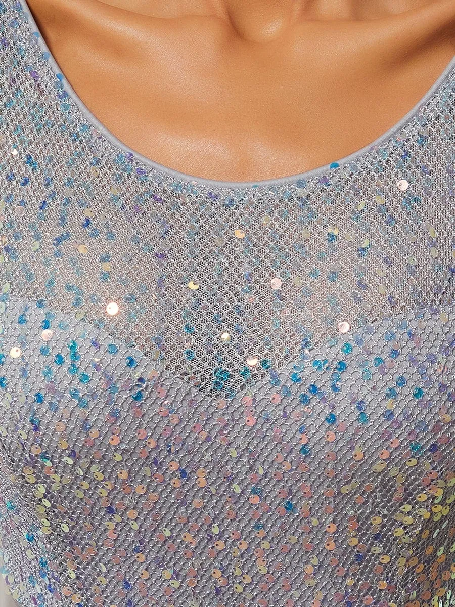 Elegant Round Neckline 3/4 Sleeve Sequins Patchwork Evening Dress