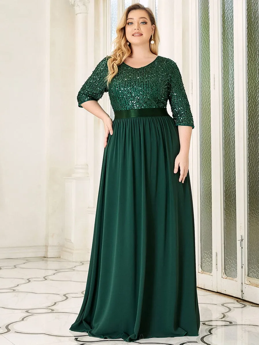Elegant Round Neckline 3/4 Sleeve Sequins Patchwork Evening Dress