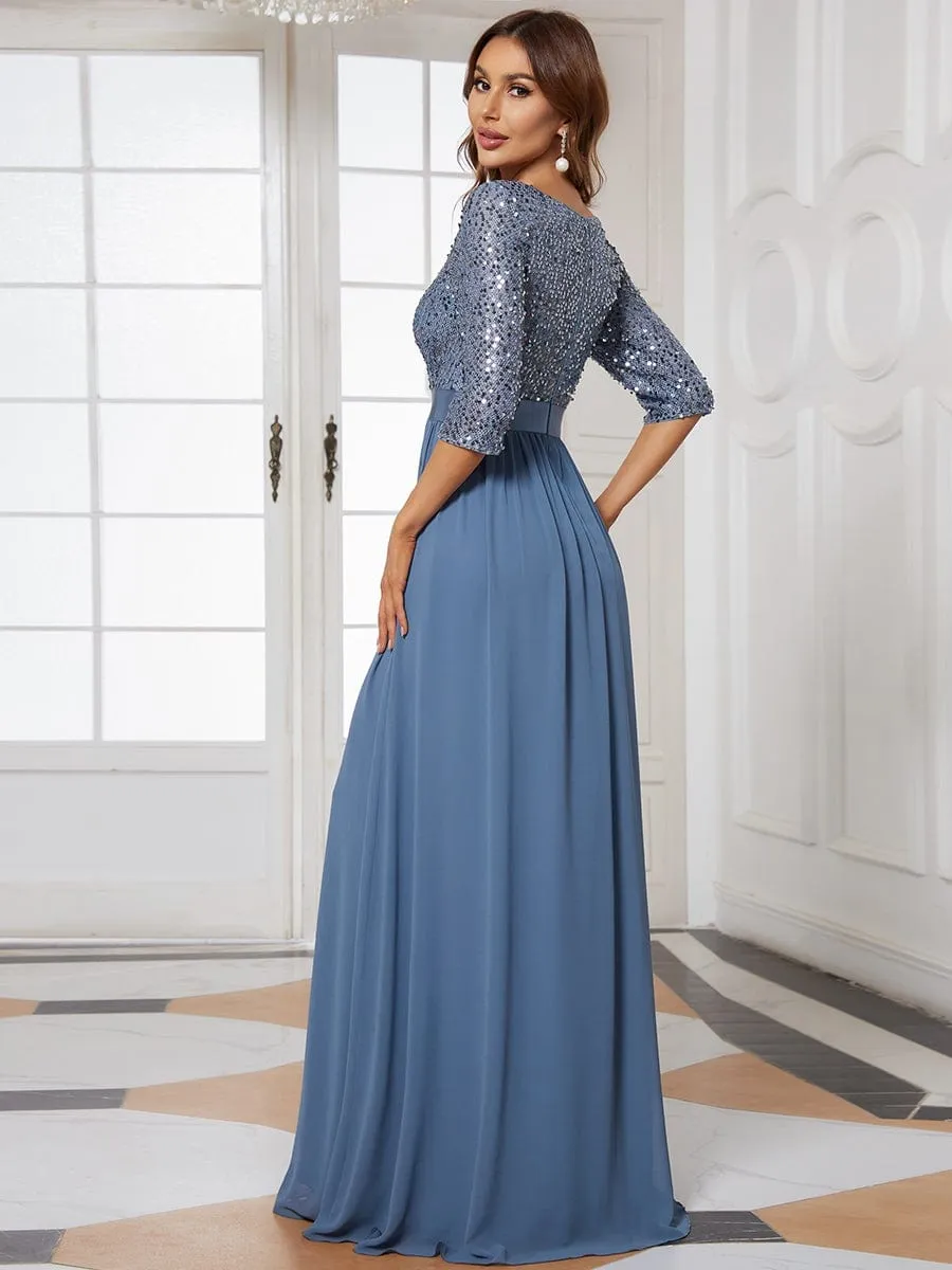Elegant Round Neckline 3/4 Sleeve Sequins Patchwork Evening Dress