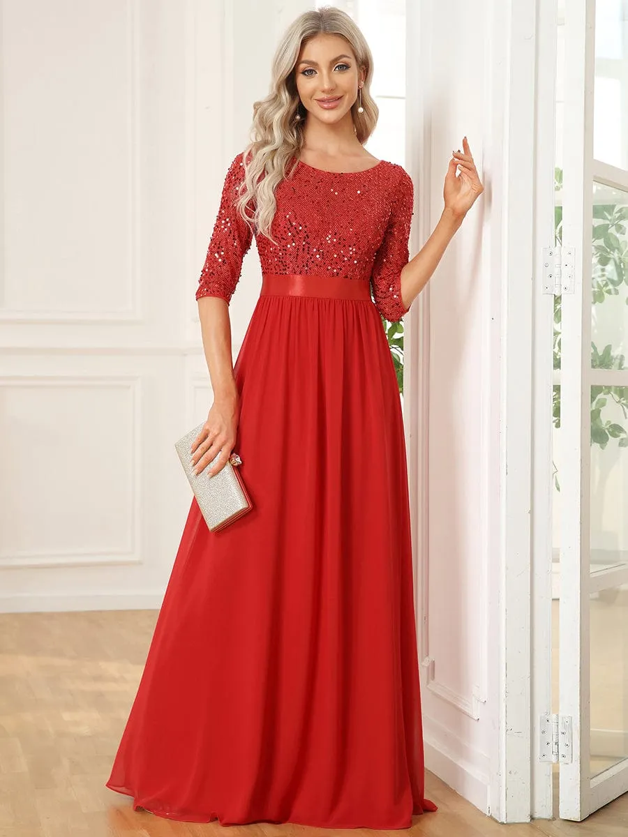 Elegant Round Neckline 3/4 Sleeve Sequins Patchwork Evening Dress