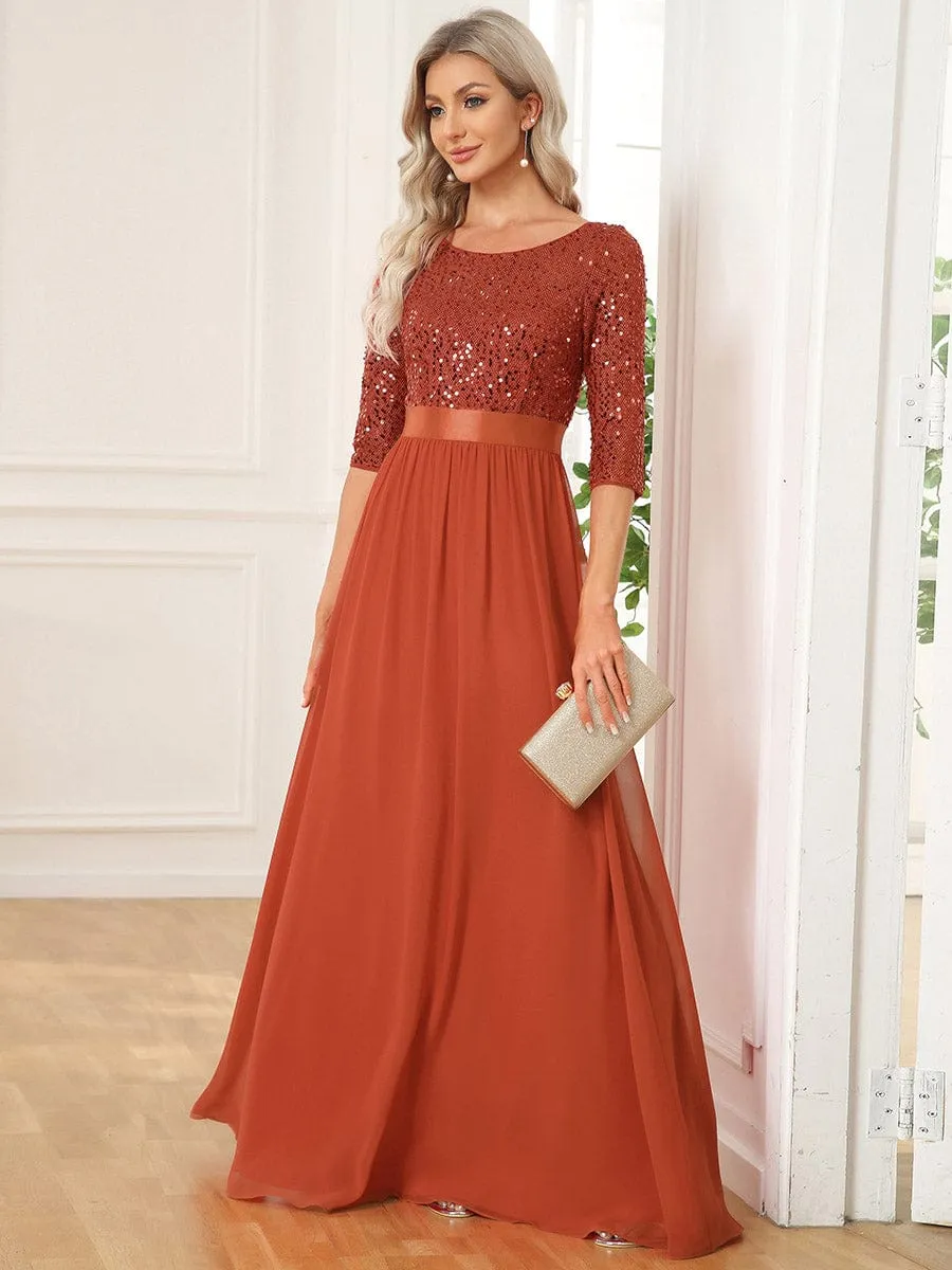Elegant Round Neckline 3/4 Sleeve Sequins Patchwork Evening Dress