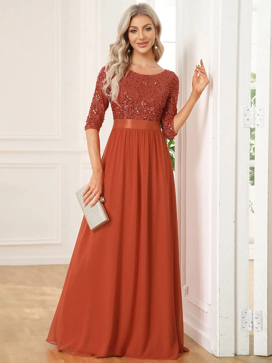 Elegant Round Neckline 3/4 Sleeve Sequins Patchwork Evening Dress