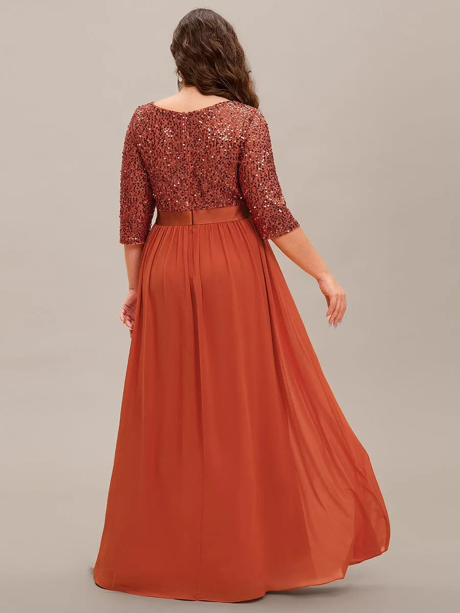 Elegant Round Neckline 3/4 Sleeve Sequins Patchwork Evening Dress