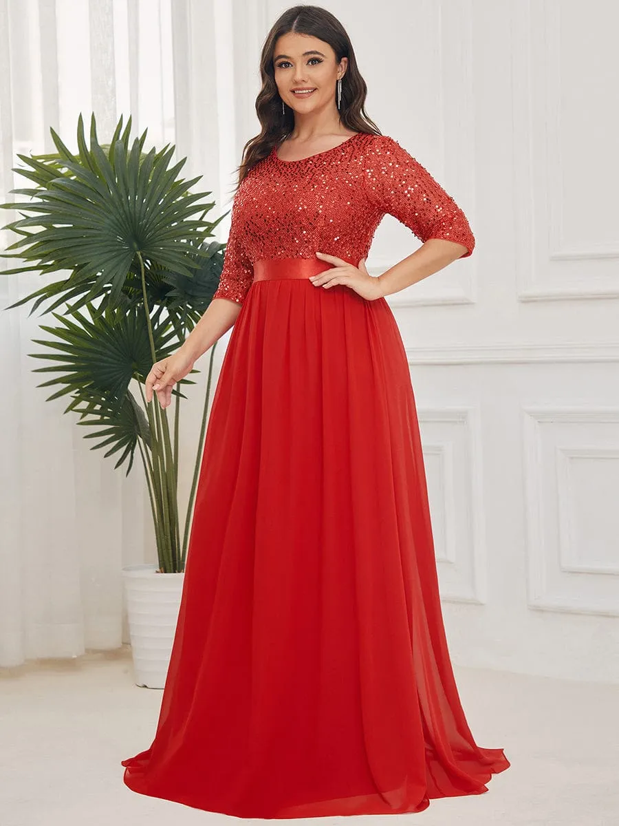 Elegant Round Neckline 3/4 Sleeve Sequins Patchwork Evening Dress
