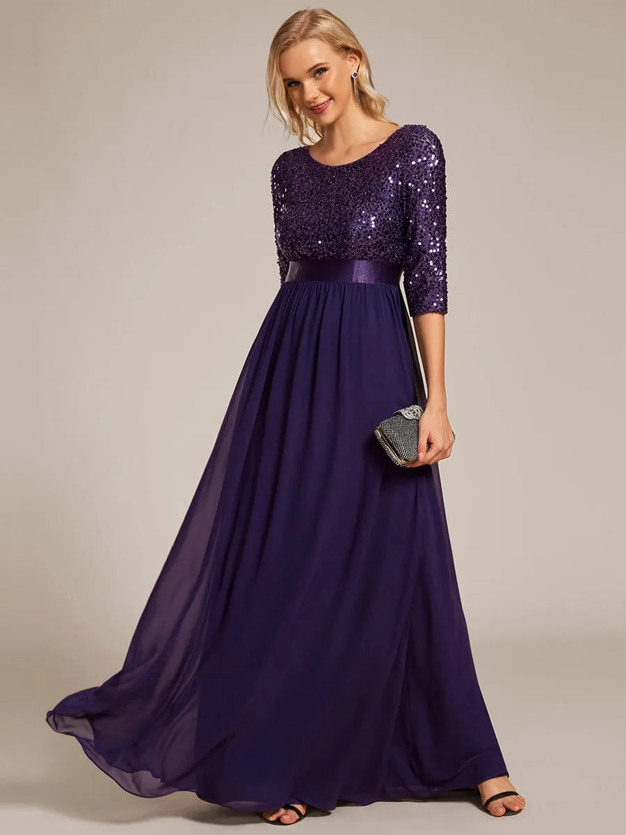 Elegant Round Neckline 3/4 Sleeve Sequins Patchwork Evening Dress