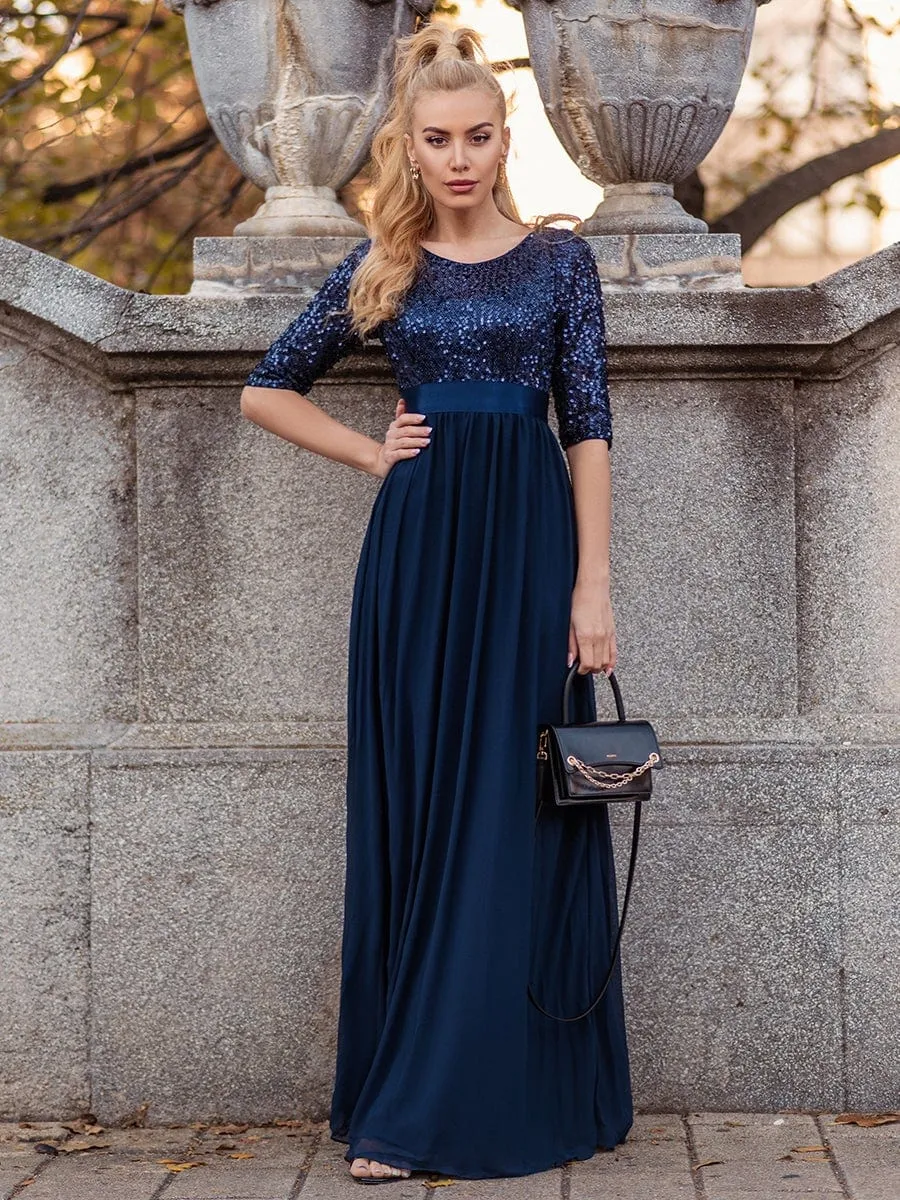 Elegant Round Neckline 3/4 Sleeve Sequins Patchwork Evening Dress