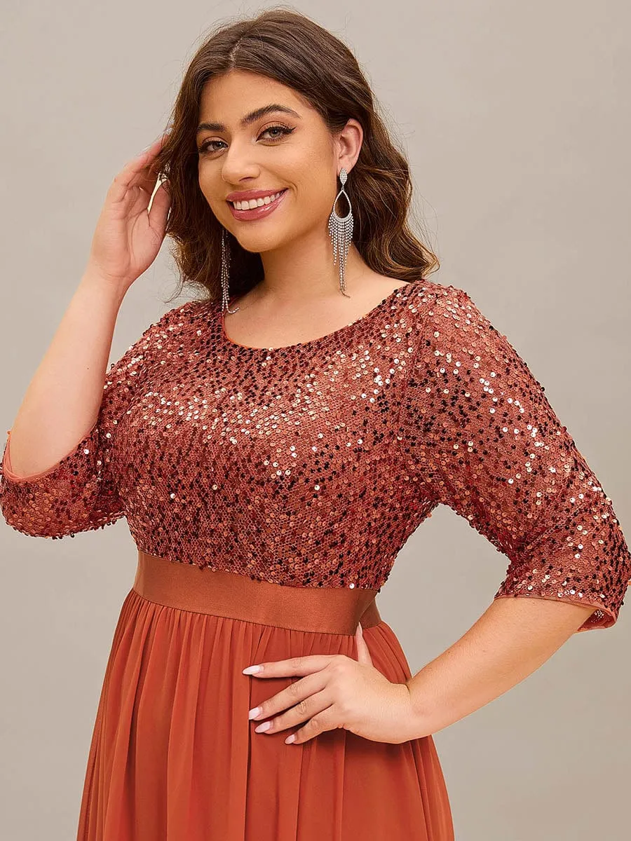 Elegant Round Neckline 3/4 Sleeve Sequins Patchwork Evening Dress