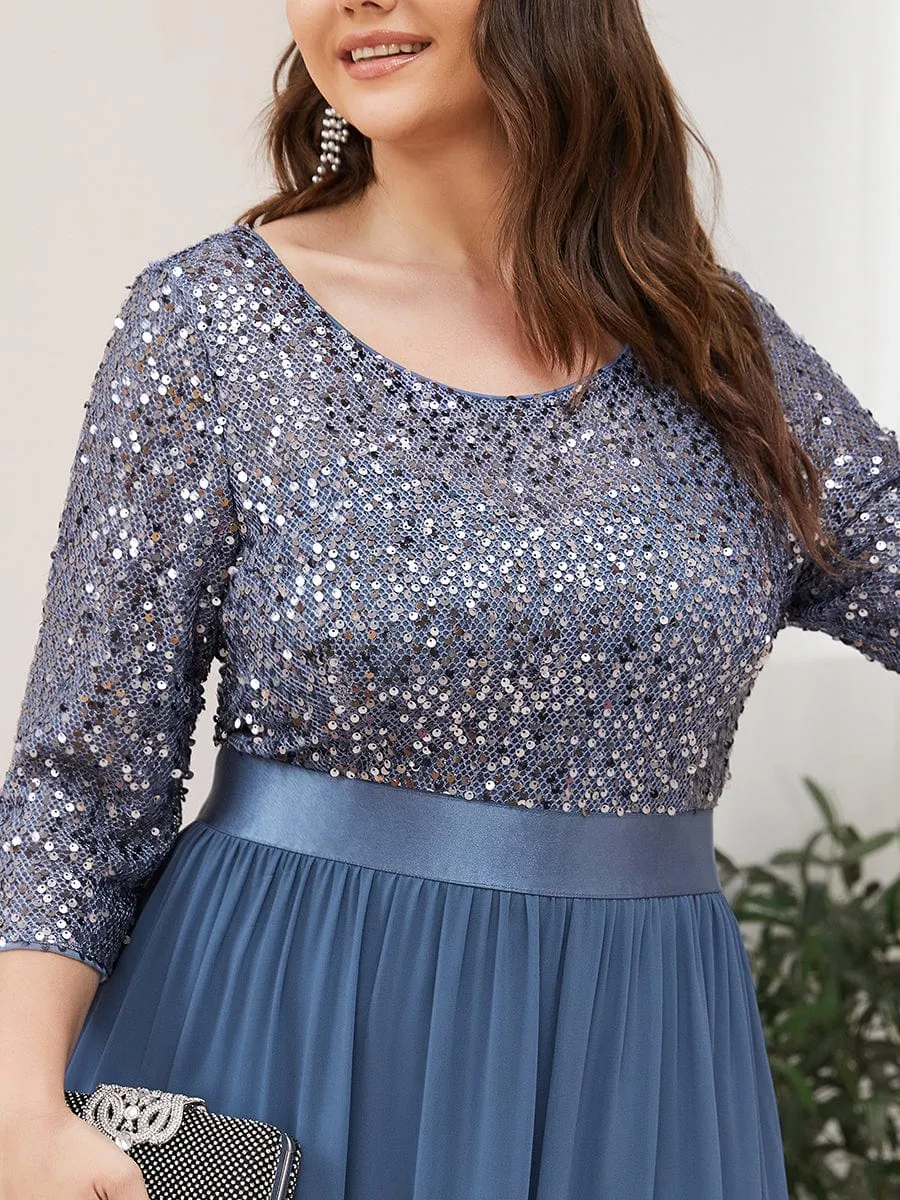 Elegant Round Neckline 3/4 Sleeve Sequins Patchwork Evening Dress