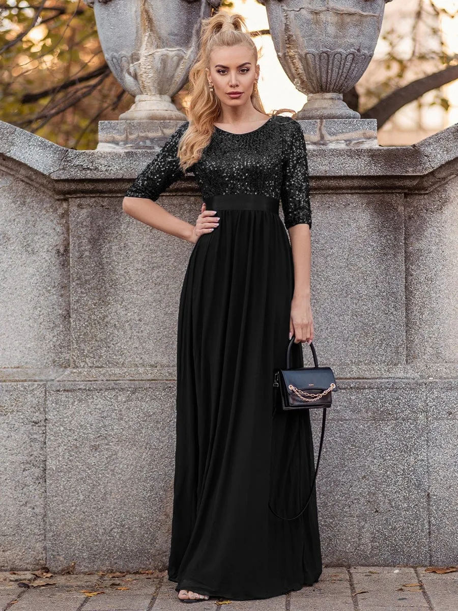 Elegant Round Neckline 3/4 Sleeve Sequins Patchwork Evening Dress