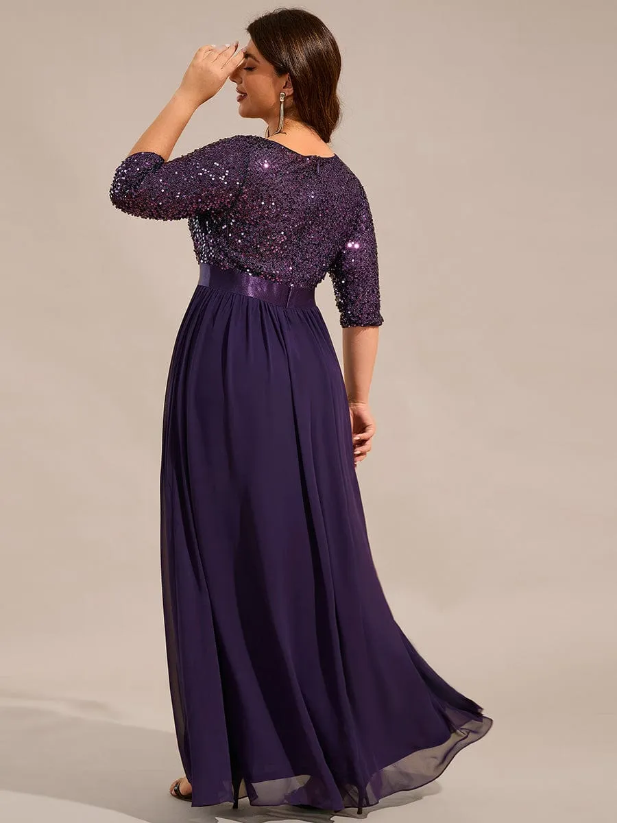 Elegant Round Neckline 3/4 Sleeve Sequins Patchwork Evening Dress