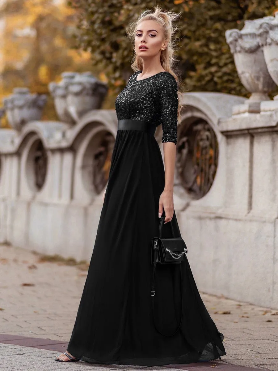 Elegant Round Neckline 3/4 Sleeve Sequins Patchwork Evening Dress