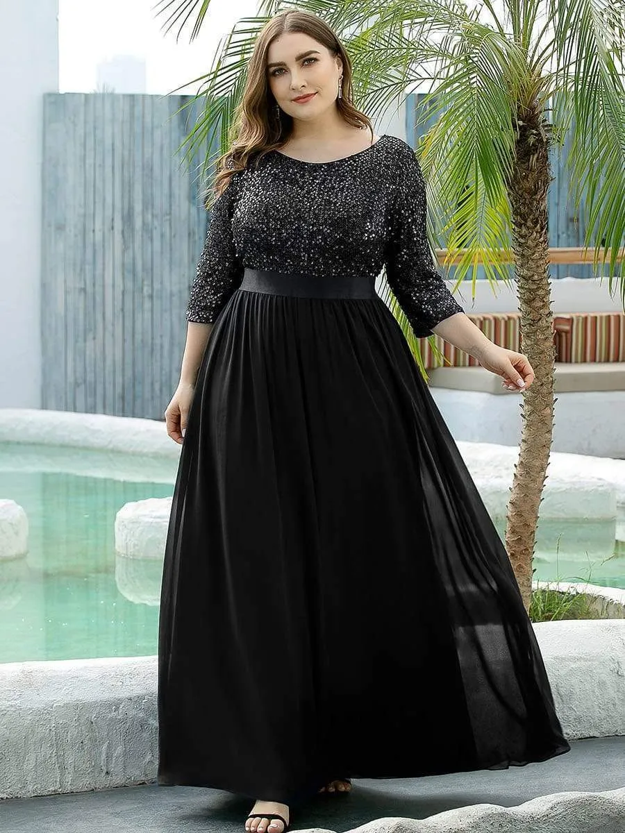 Elegant Round Neckline 3/4 Sleeve Sequins Patchwork Evening Dress