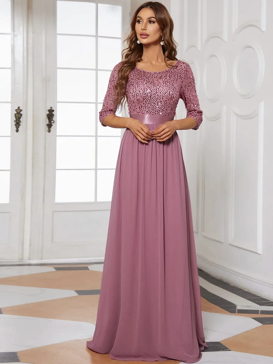 Elegant Round Neckline 3/4 Sleeve Sequins Patchwork Evening Dress
