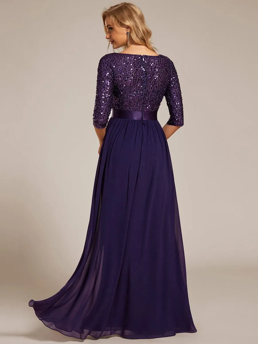 Elegant Round Neckline 3/4 Sleeve Sequins Patchwork Evening Dress