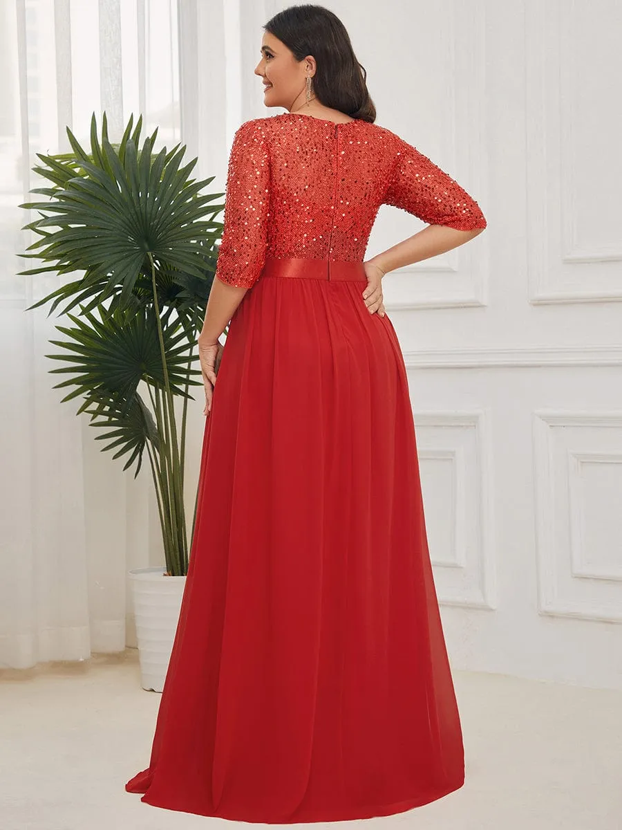 Elegant Round Neckline 3/4 Sleeve Sequins Patchwork Evening Dress