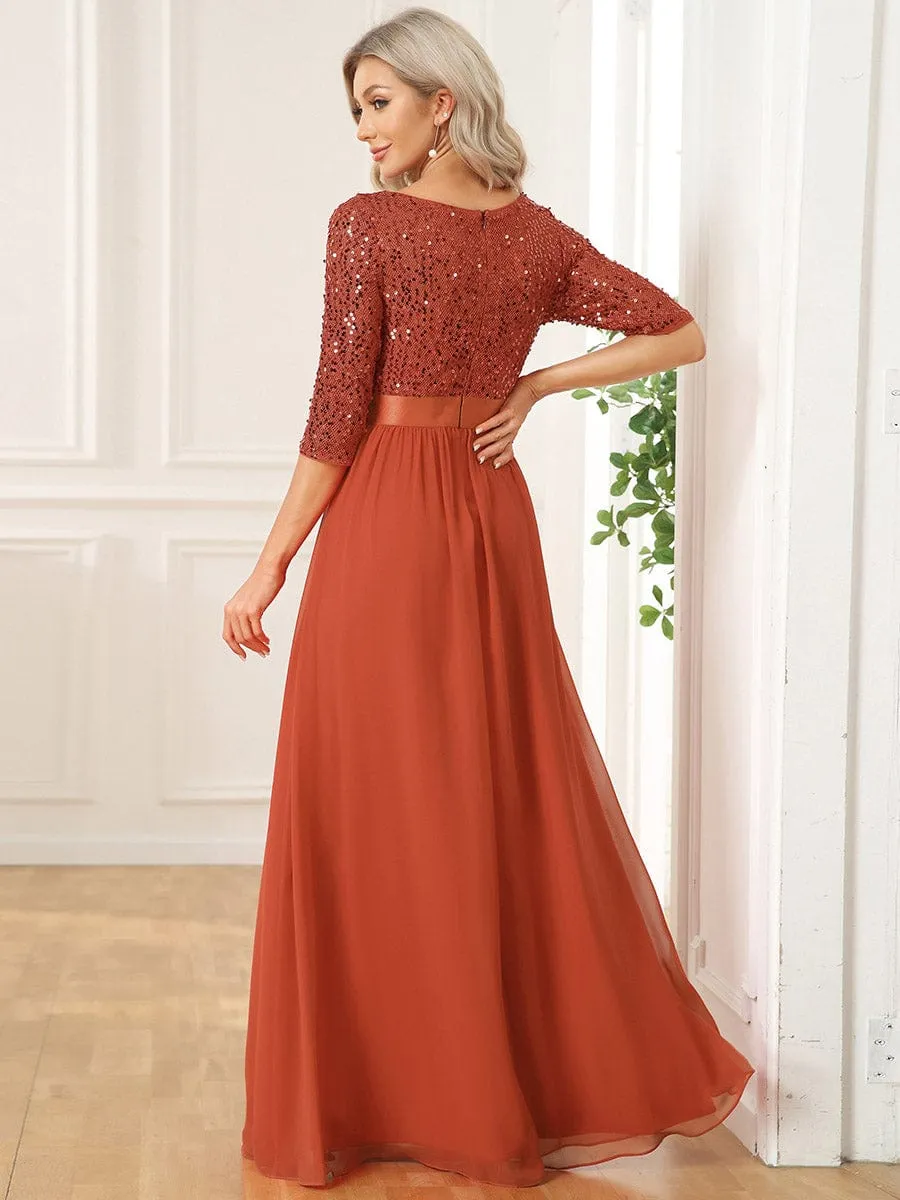 Elegant Round Neckline 3/4 Sleeve Sequins Patchwork Evening Dress