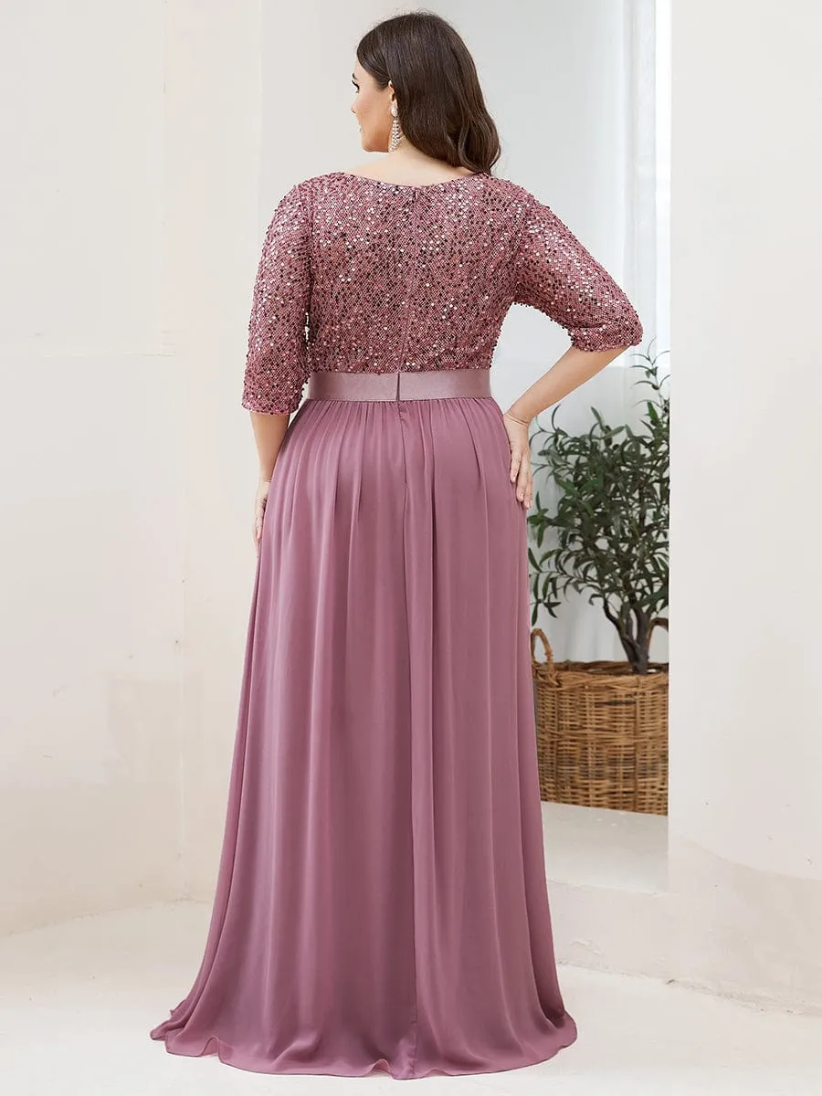 Elegant Round Neckline 3/4 Sleeve Sequins Patchwork Evening Dress