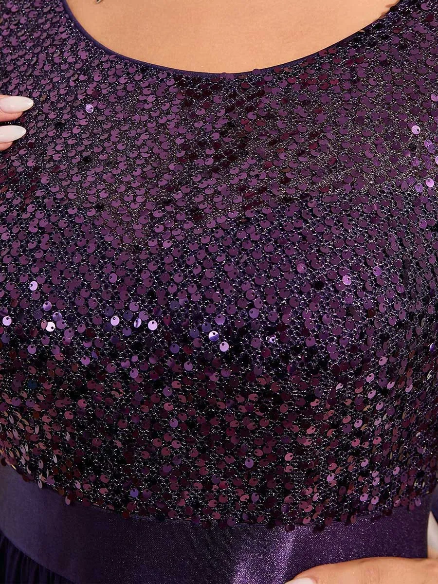 Elegant Round Neckline 3/4 Sleeve Sequins Patchwork Evening Dress