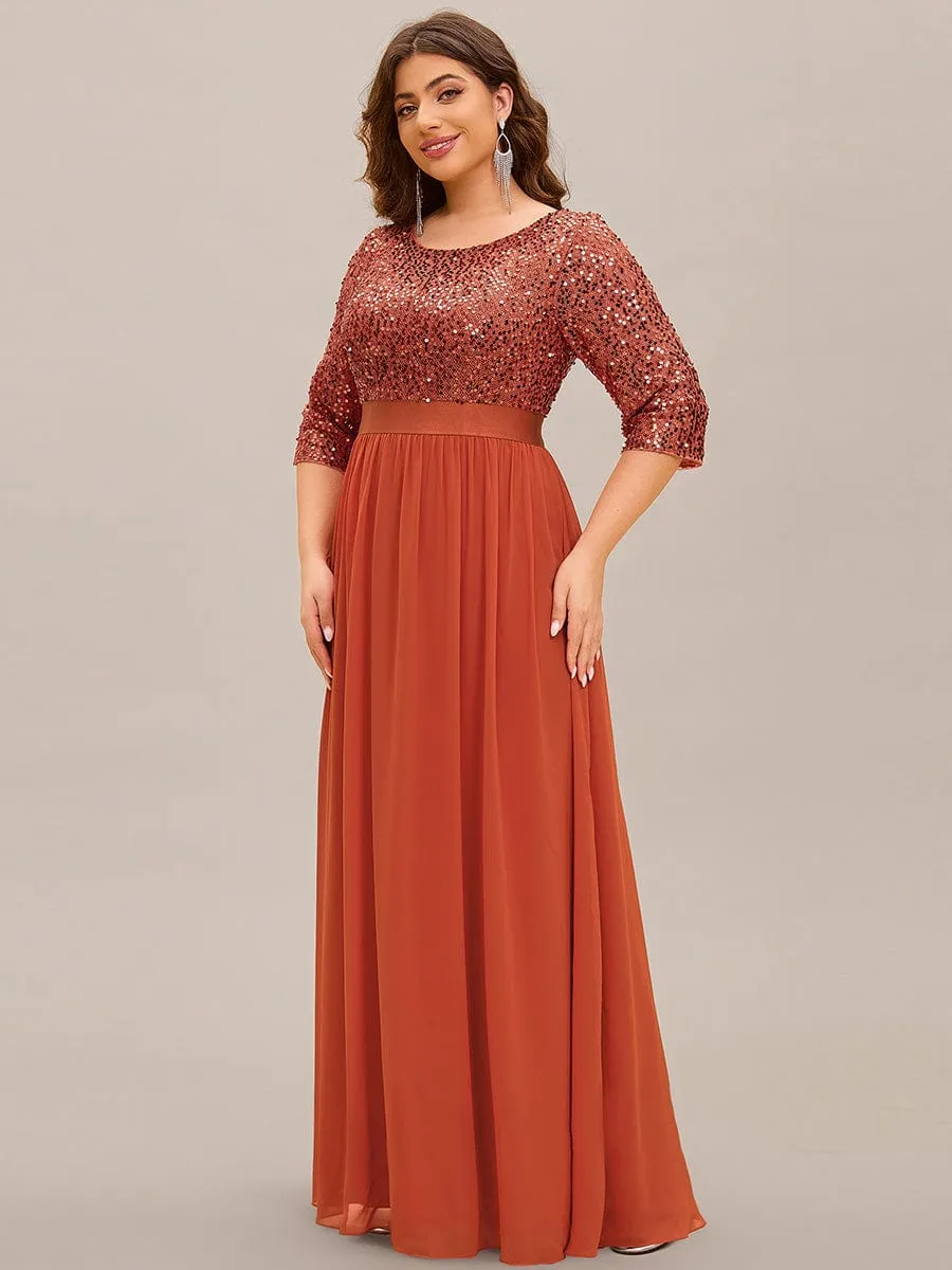 Elegant Round Neckline 3/4 Sleeve Sequins Patchwork Evening Dress