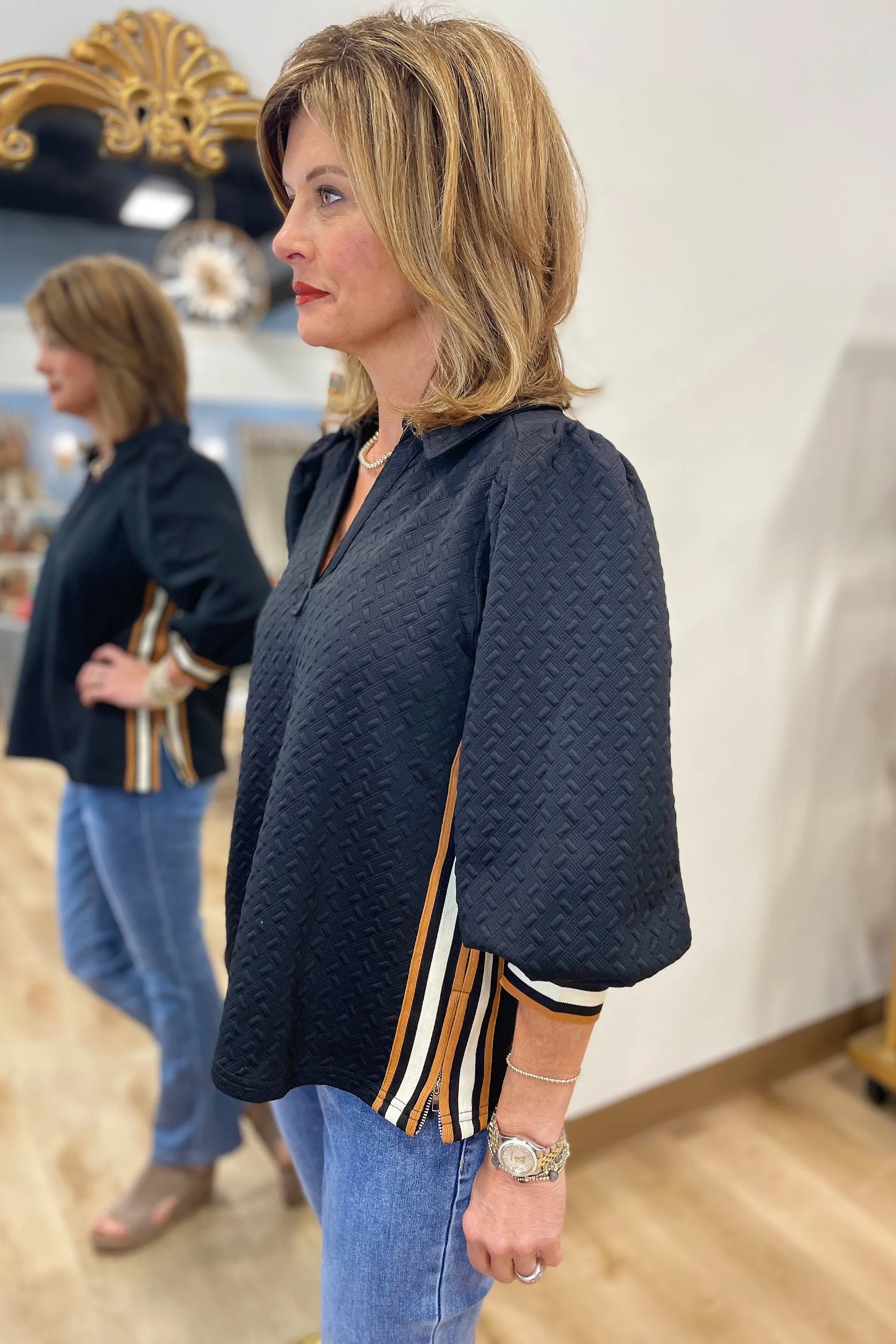 Fall Retreat Henley Textured Top Black