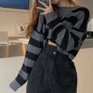 Fashionkova Korean Style Striped Cropped Sweater Women Vintage Oversize Knit Jumper Female Autumn Long Sleeve O-Neck Pullovers Tops