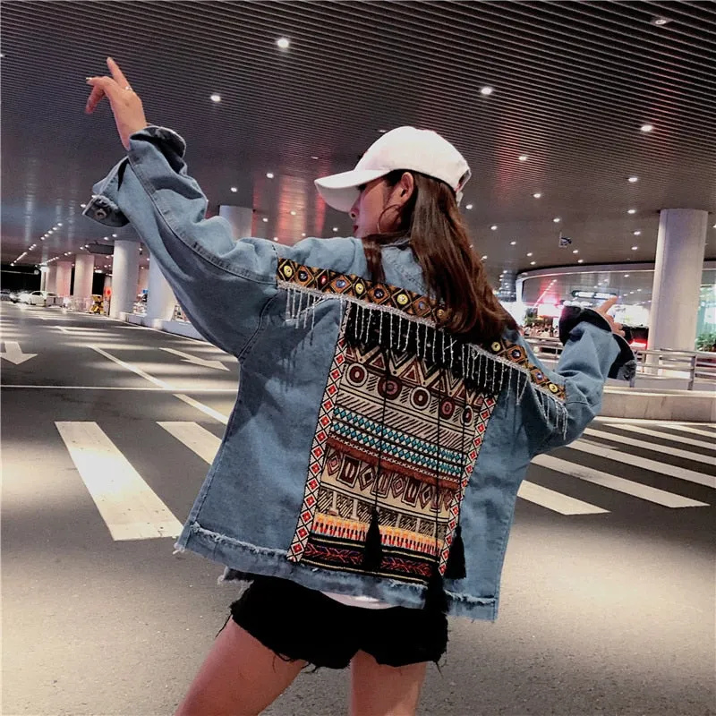 Female Jacket Vintage Embroidery tassel loose long sleeve