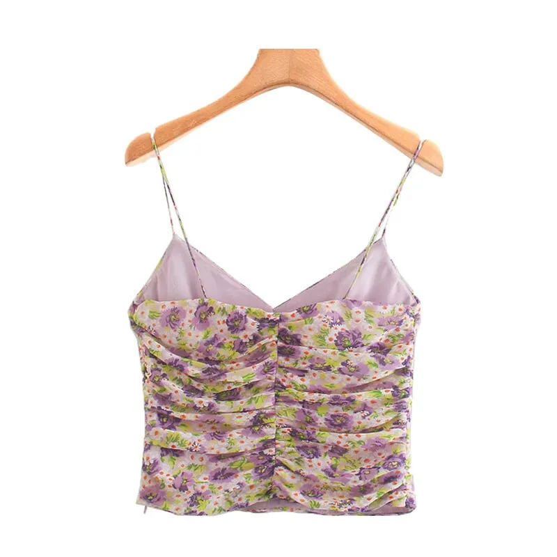 FLORAL PRINT PLEATED CROPPED BLOUSE