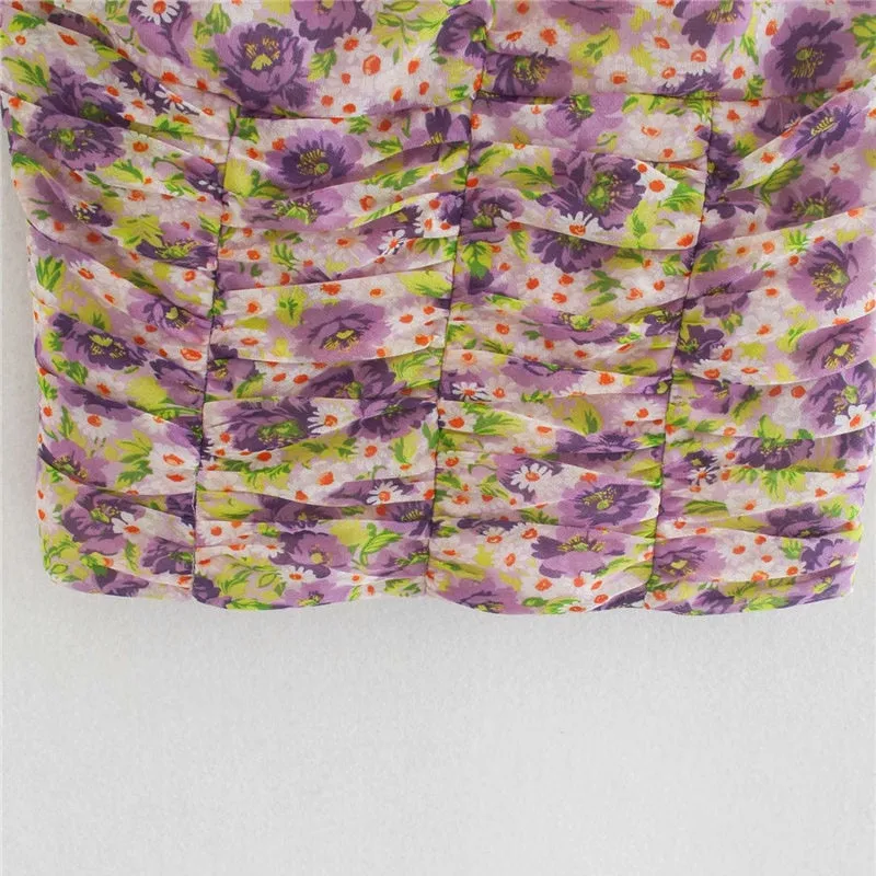 FLORAL PRINT PLEATED CROPPED BLOUSE