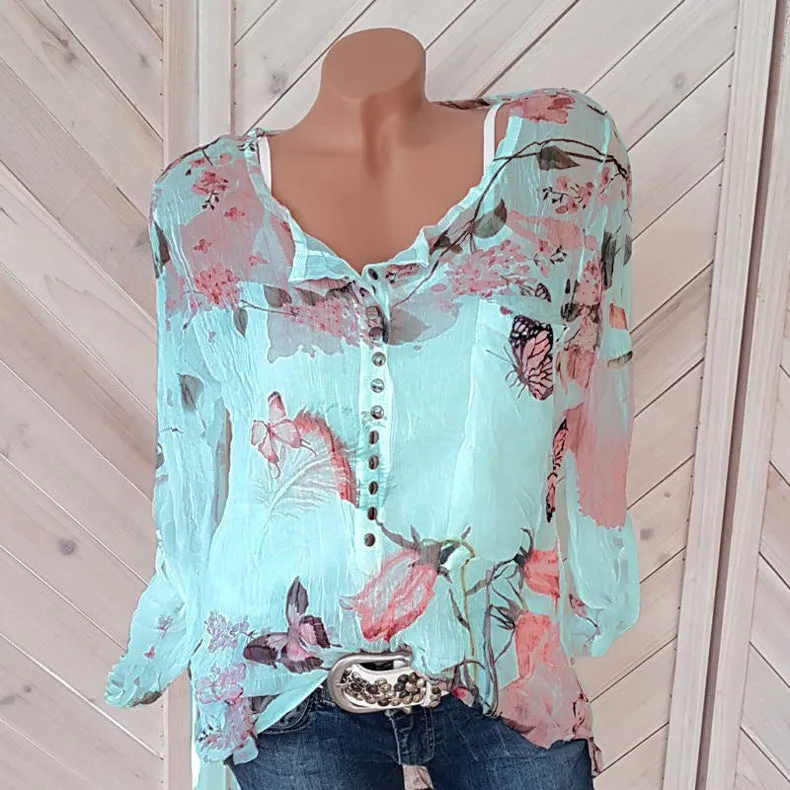 Floral Printed V-neck Long Sleeve Blouses