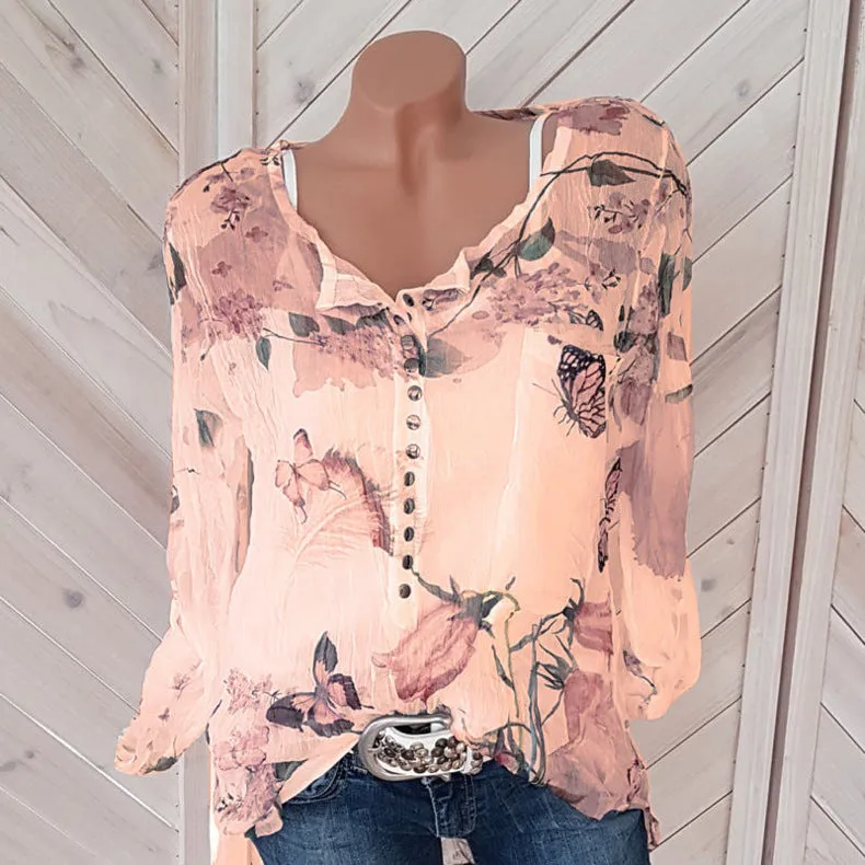 Floral Printed V-neck Long Sleeve Blouses