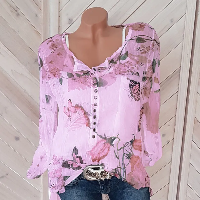 Floral Printed V-neck Long Sleeve Blouses