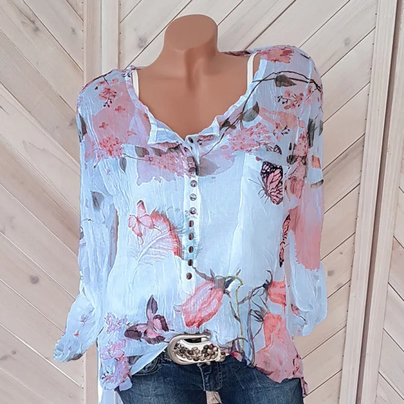 Floral Printed V-neck Long Sleeve Blouses