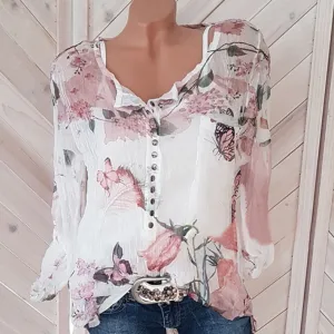 Floral Printed V-neck Long Sleeve Blouses