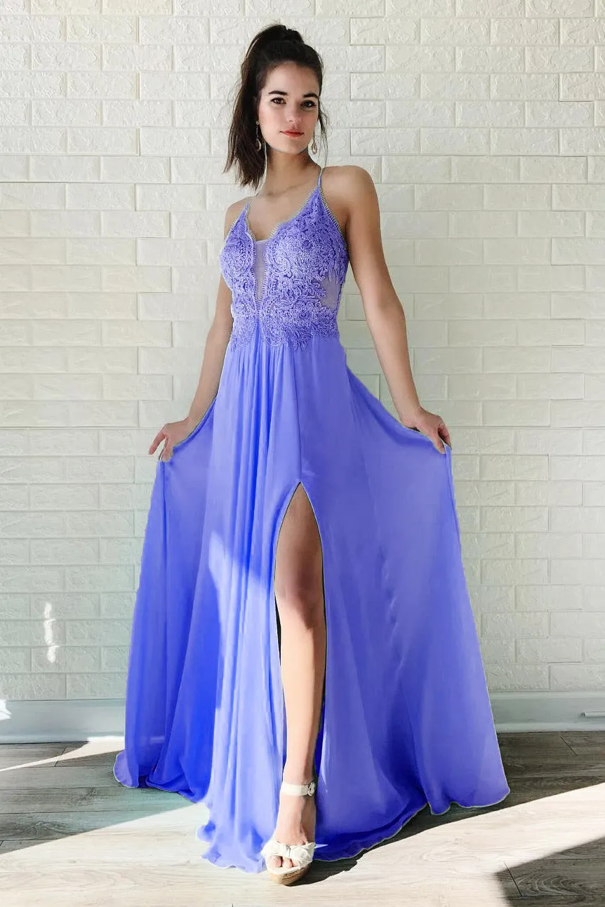 Flowy A-line Long Backless Lace Chiffon Party Prom Dress