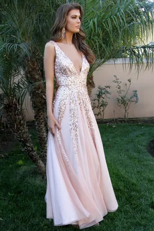 Flowy A-line V-neck Long Open Back Prom Dress