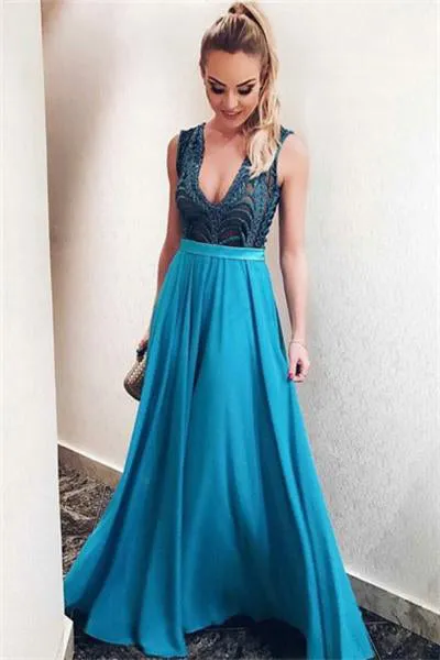 Flowy Blue Deep V-neck Long Open Back Beading Prom Dress