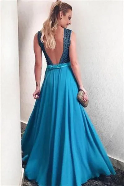 Flowy Blue Deep V-neck Long Open Back Beading Prom Dress