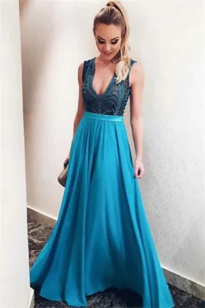 Flowy Blue Deep V-neck Long Open Back Beading Prom Dress