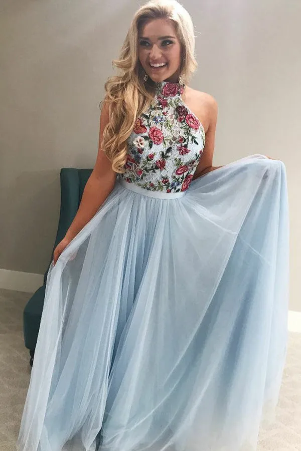 Flowy Sky Blue A-line Long Prom Dress For Teens
