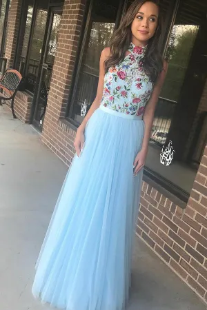 Flowy Sky Blue A-line Long Prom Dress For Teens