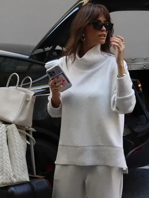 Flytonn-Christmas Thanksgiving Gift New Year's Eve Casual Outfits Autumn Simple Solid Color High Neck Woman Sweater Fashion Long Sleeves Loose Turtleneck 2024 New Female Street Knitted Pullover