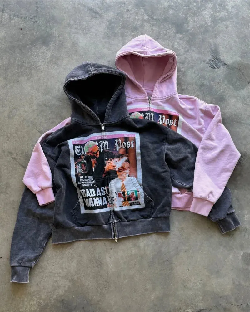 Flytonn- Streetwear y2k 90s Fashion Aesthetic American poster pattern printed cardigan zipper hoodies for women y2k clothing 2000s retro popular fashion sweatshirts